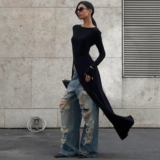 Asymmetrical Long Sleeve Black Dress