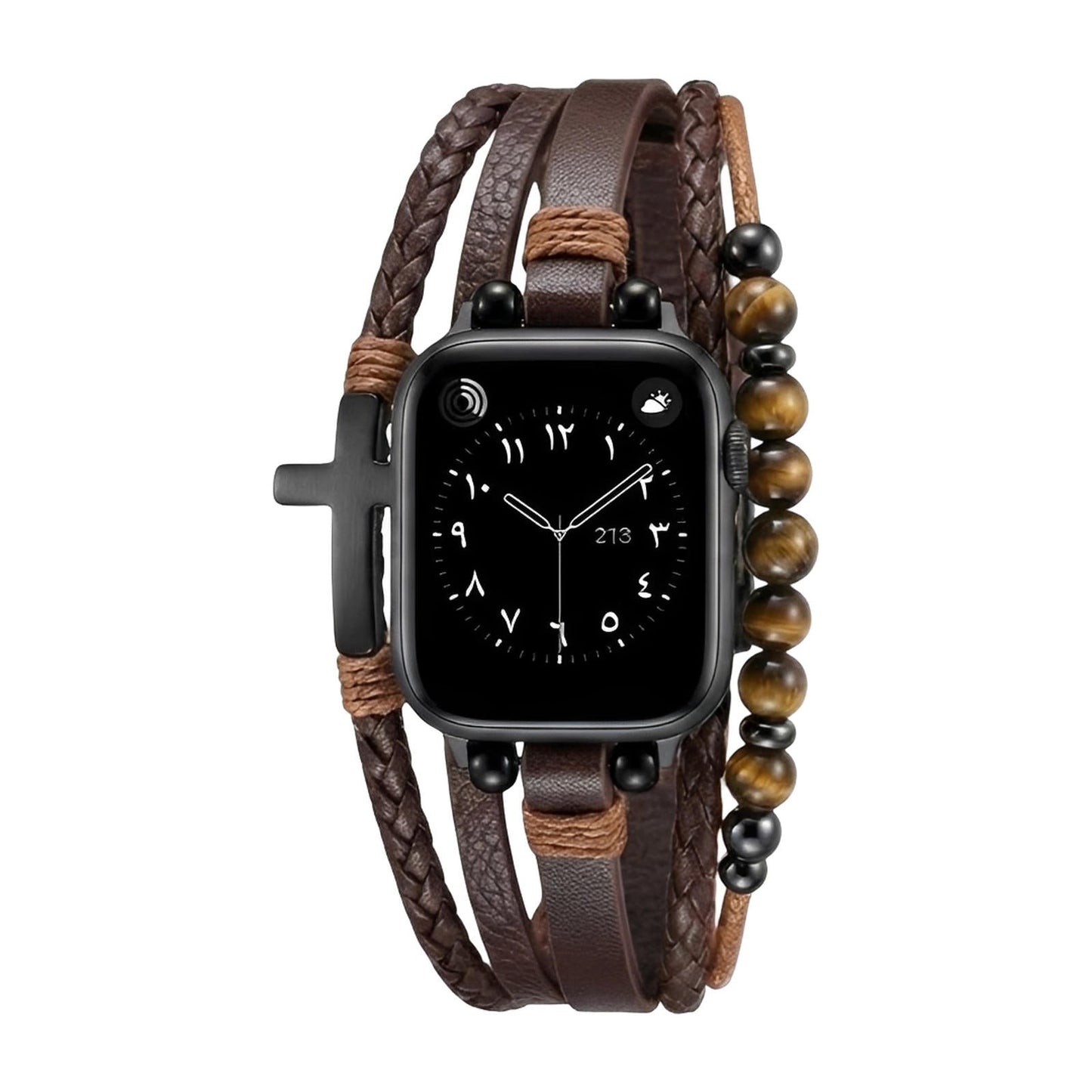 Bracelet Apple Watch multi-rangs, perles œil de tigre et croix noire, simili cuir vegan, fermoir ajustable, modèle Caleb