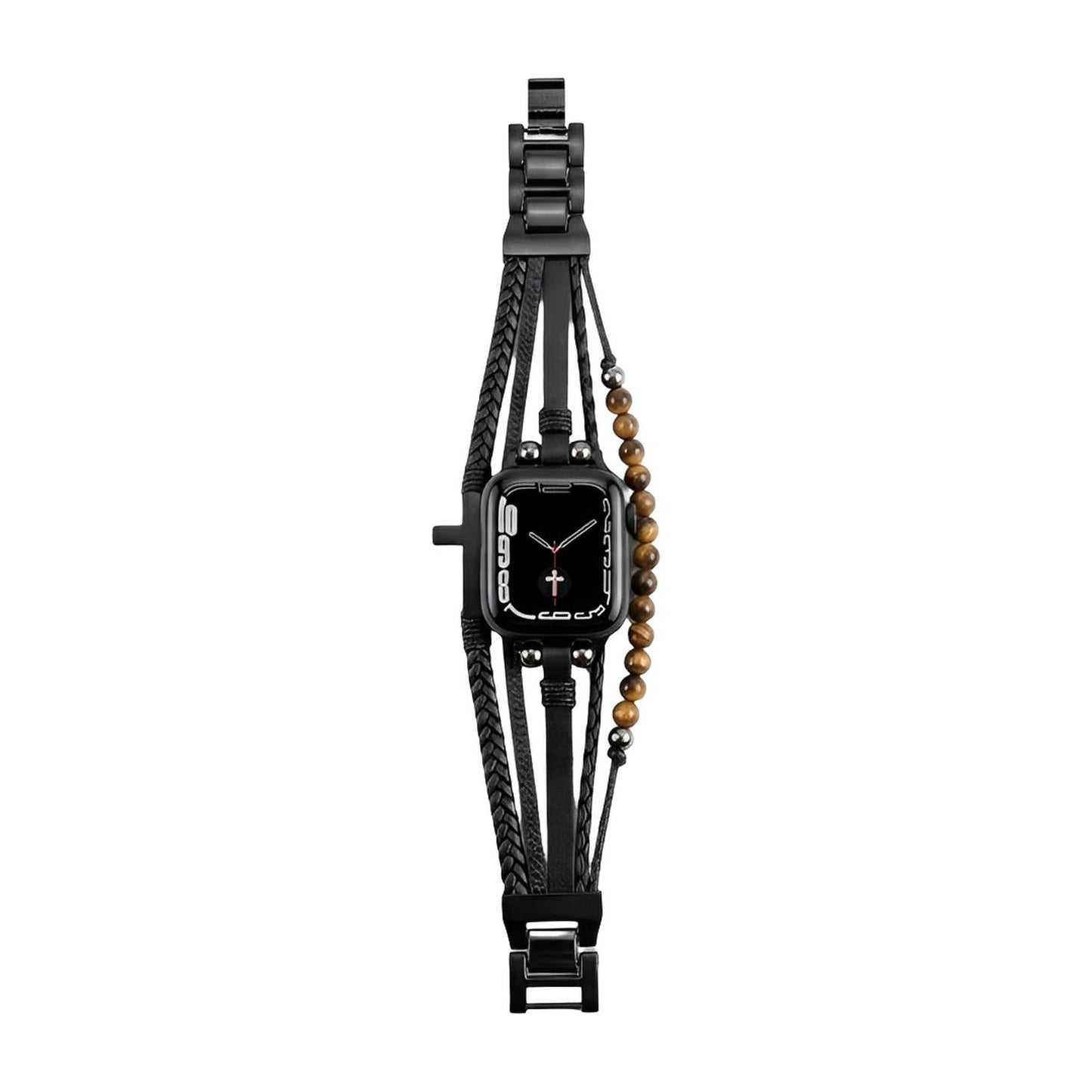 Bracelet Apple Watch multi-rangs, perles œil de tigre et croix noire, simili cuir vegan, fermoir ajustable, modèle Caleb