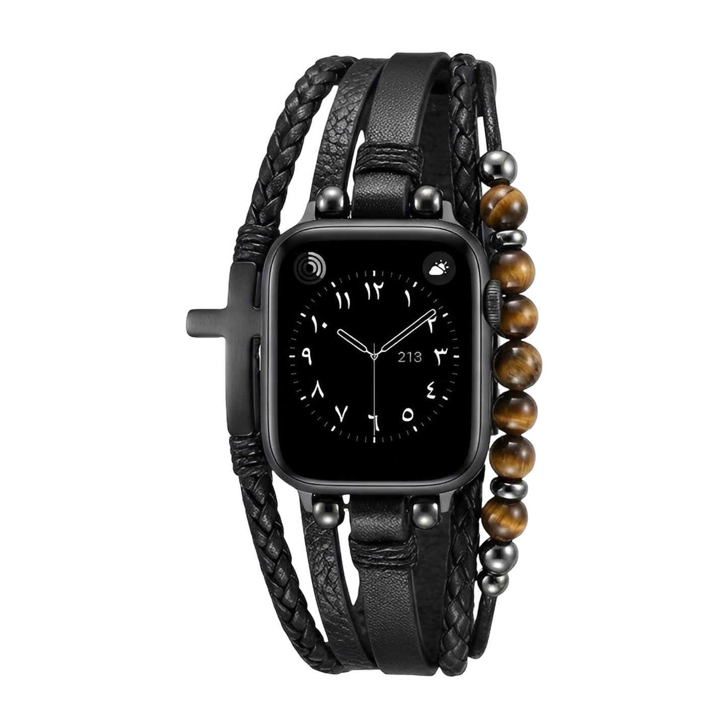 Bracelet Apple Watch multi-rangs, perles œil de tigre et croix noire, simili cuir vegan, fermoir ajustable, modèle Caleb