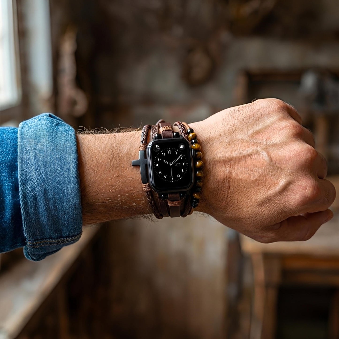 Bracelet Apple Watch multi-rangs, perles œil de tigre et croix noire, simili cuir vegan, fermoir ajustable, modèle Caleb